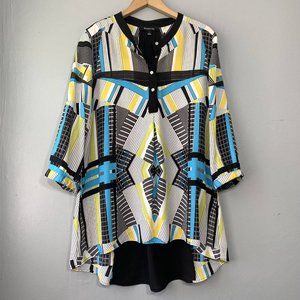 Relativity Womens Large Semi Sheer Blouse Geometric Print 3/4 Sleeve Tunic Top